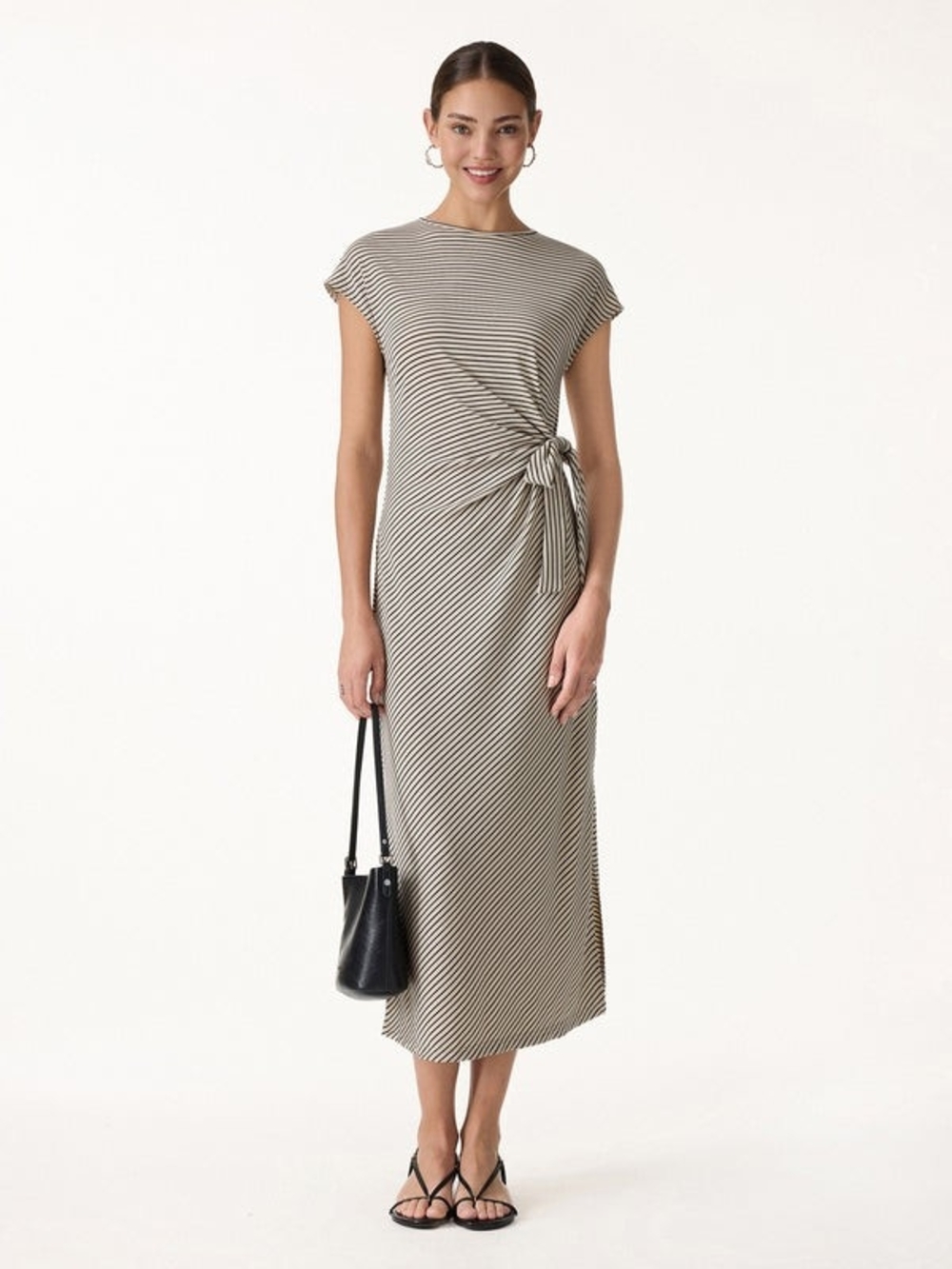 OGL Black and Cream Striped Relaxed Midi Dress with Self-Tie